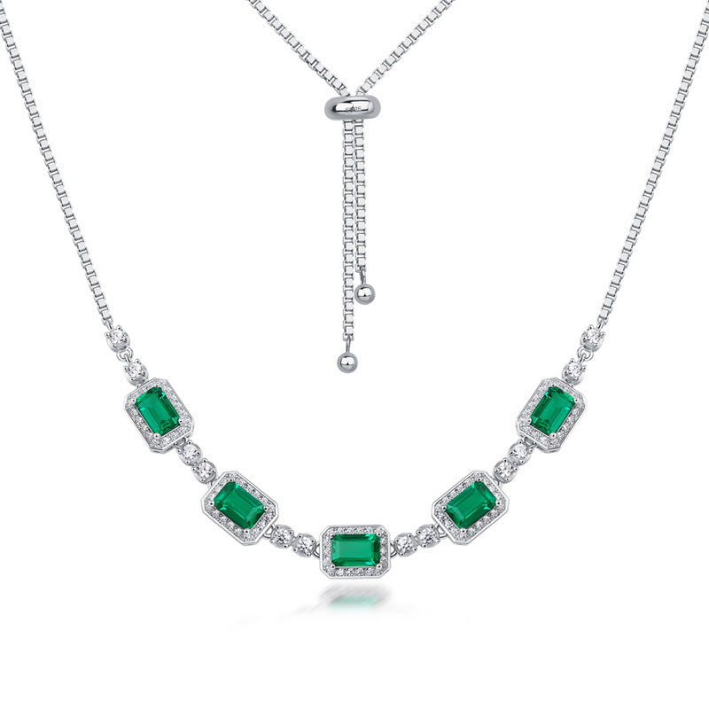 Lab-Grown Emerald Clavicle Necklace - S925 Sterling Silver Halo Pendant
