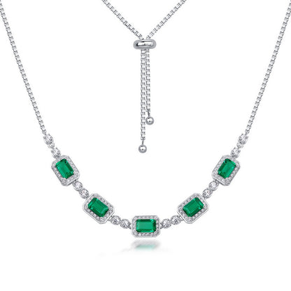Lab-Grown Emerald Clavicle Necklace - S925 Sterling Silver Halo Pendant