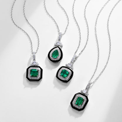 Retro Chic: Emerald-Cut Lab-Grown Emerald Square Pendant Necklace | 925 Silver | Dapaza