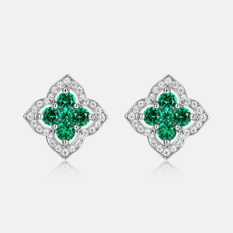 Vintage Palace: Hollow Clover Lab-Grown Emerald Earrings | 14K Gold Plated 925 Silver | Dapaza