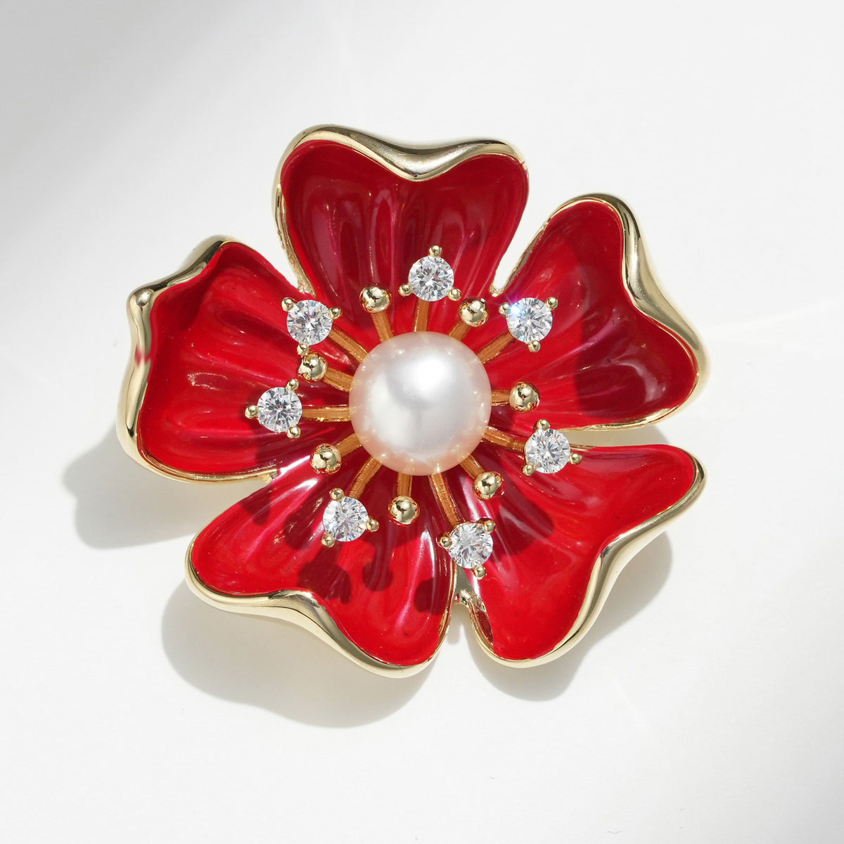 Red Five-Leaf Freshwater Pearl Flower Brooch