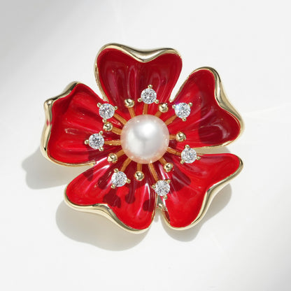 Red Five-Leaf Freshwater Pearl Flower Brooch