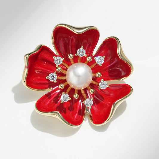 Red Five-Leaf Freshwater Pearl Flower Brooch