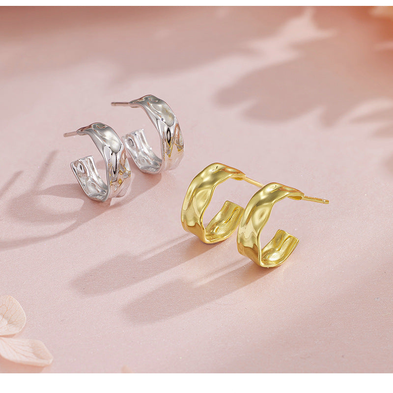New 925 Sterling Silver Irregular Geometric Earrings - Women's Fashion Polished Foil Crinkle Studs