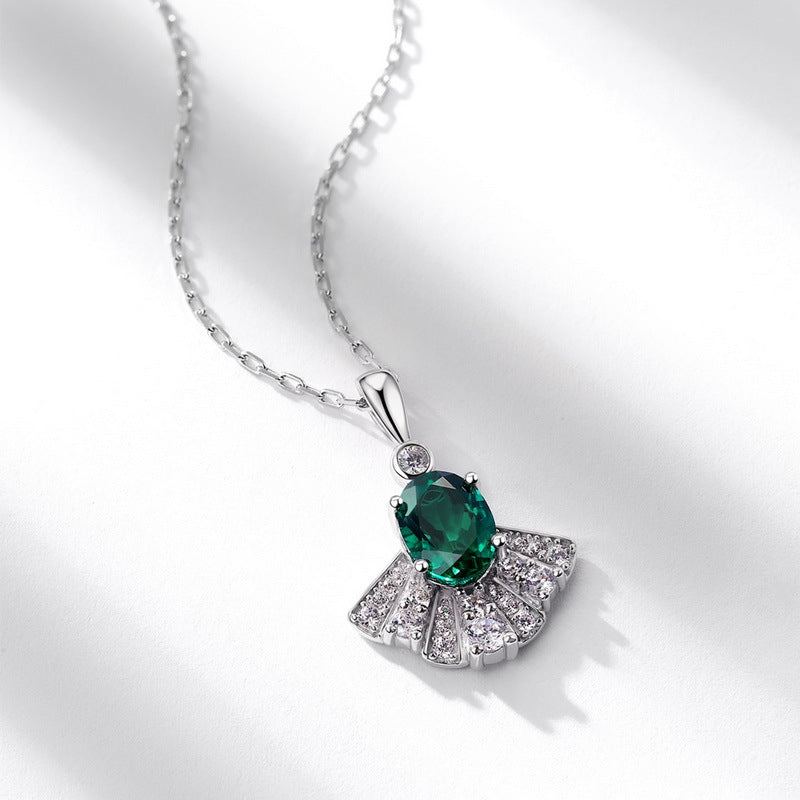 Dapaza Fan-Shaped Lab-Grown Emerald Pendant Necklace | S925 Sterling Silver