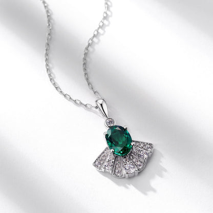 Dapaza Fan-Shaped Lab-Grown Emerald Pendant Necklace | S925 Sterling Silver