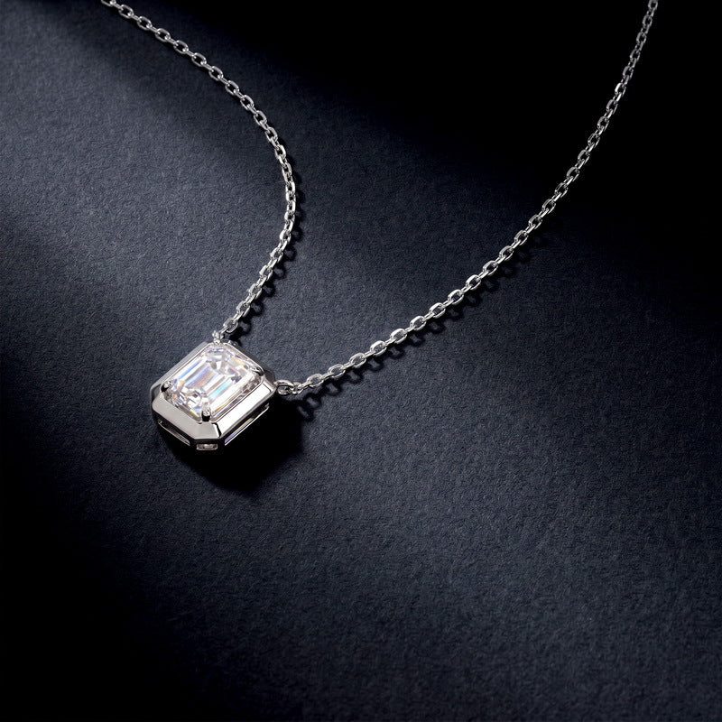 Vintage 1.18CT Emerald Cut CVD Lab Grown Diamond Bezel Pendant Necklace | S925 Sterling Silver Octagon Solicle Chain - Dapaza