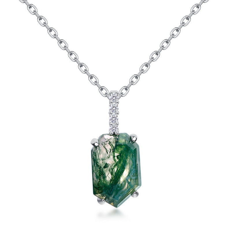 Geometric Moss Agate Pendant Necklace | S925 Sterling Silver
