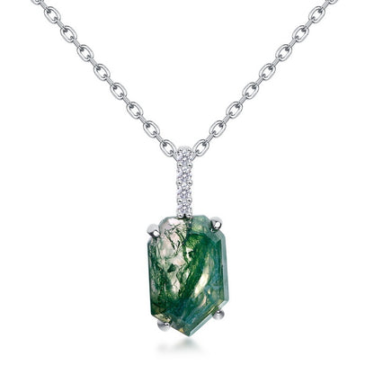 Geometric Moss Agate Pendant Necklace | S925 Sterling Silver