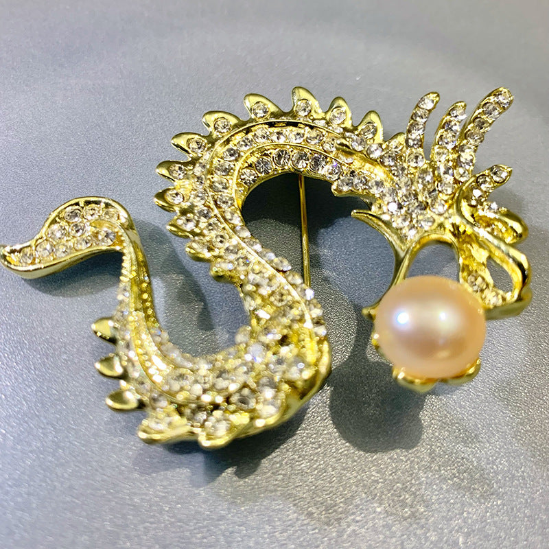 Gold-Plated Pearl Dragon Brooch