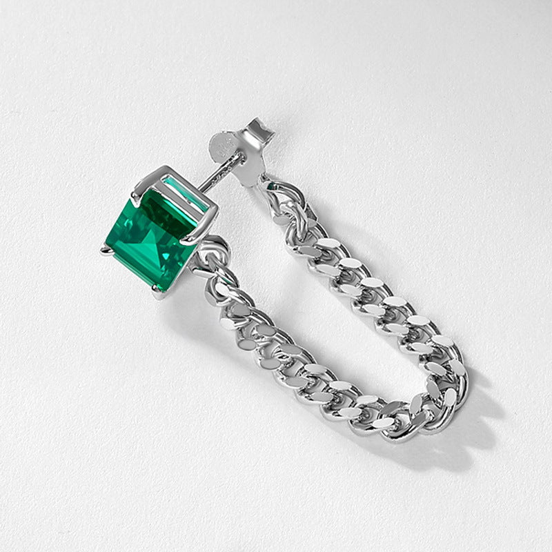 Geometric Emerald-Cut Lab-Grown Emerald Chain Link Earrings - 925 Sterling Silver