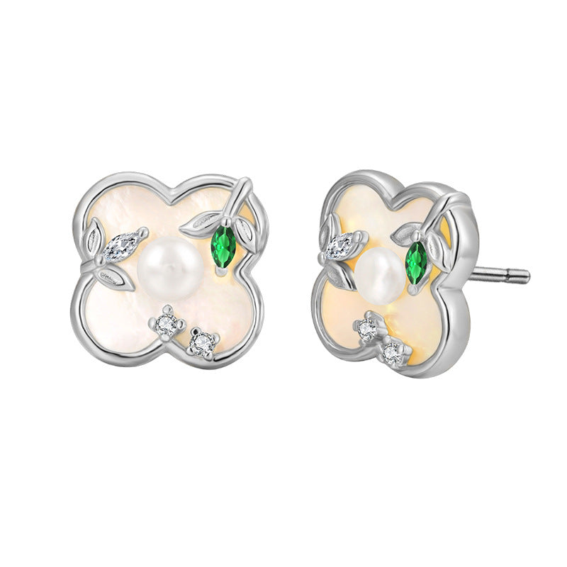 INS Hot-selling 925 Sterling Silver Lucky Grass Pearl Stud Earrings Women's Niche Design High-end Light Luxury Earrings