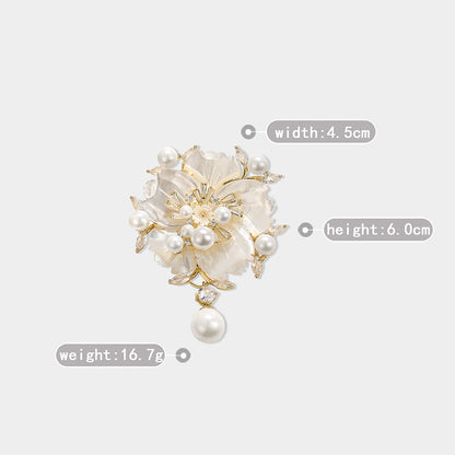 Shell Pearl Zircon Camellia Brooch
