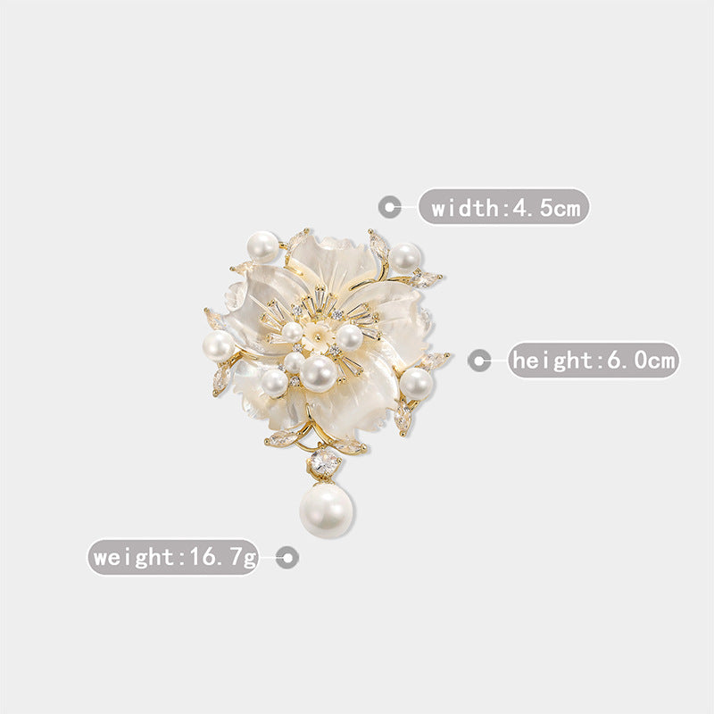 Mother Shell Brooch Pearl Camellia Zircon Corsage