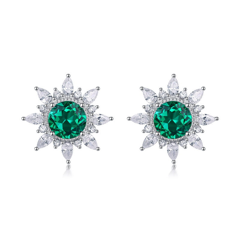 Lab-Grown Emerald Sunflower Stud Earrings - S925 Sterling Silver Halo Design