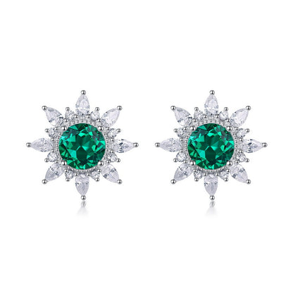 Lab-Grown Emerald Sunflower Stud Earrings - S925 Sterling Silver Halo Design