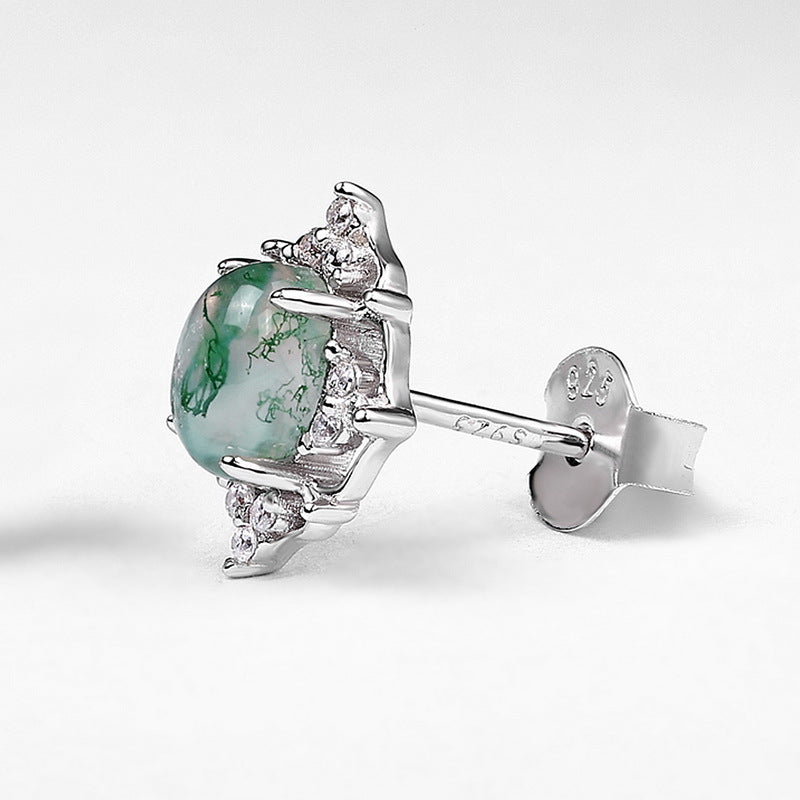 Cutout Moss Agate Stud Earrings | Gold-Plated S925 Sterling Silver