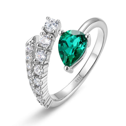 Fluid Elegance: Teardrop Lab-Grown Emerald Open Ring | 925 Silver | Dapaza