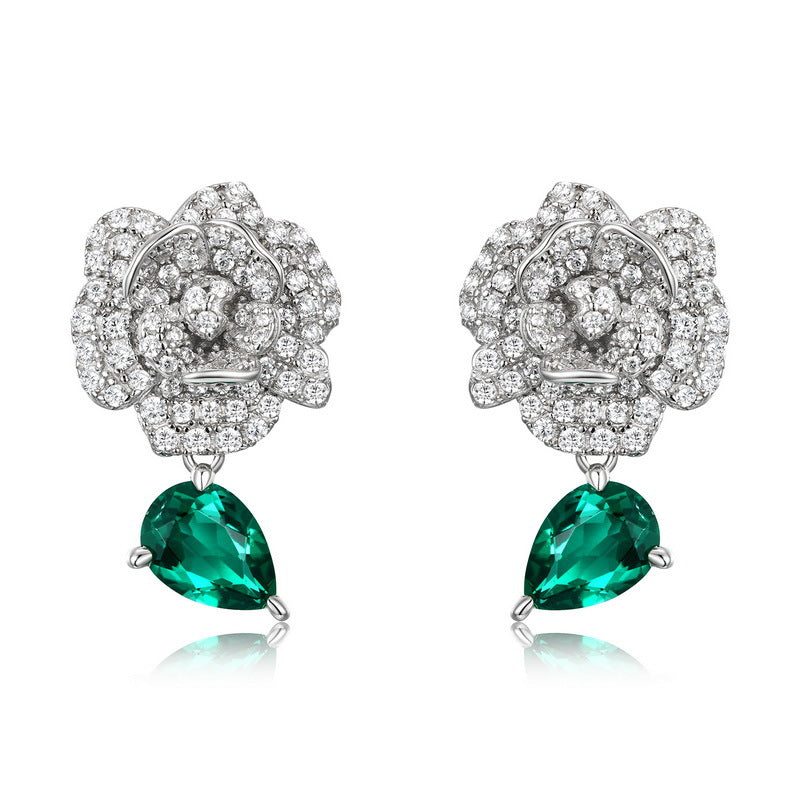 Camellia Blanc: Lab-Grown Emerald Camellia Flower Stud Earrings | 925 Silver | Dapaza