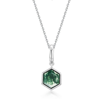 Geometric Moss Agate Pendant Necklace | S925 Sterling Silver