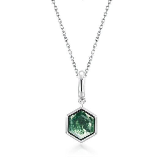 Geometric Moss Agate Pendant Necklace | S925 Sterling Silver