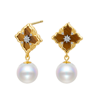 Autumn and Winter 925 Sterling Silver Medieval Matte Niche Retro Bead Lucky Grass Earrings for Women