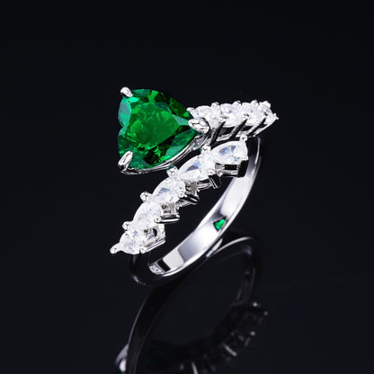 Heart-Shaped Lab-Grown Emerald Adjustable Ring - S925 Sterling Silver Bypass Band