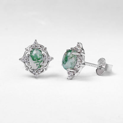 Cutout Moss Agate Stud Earrings | Gold-Plated S925 Sterling Silver