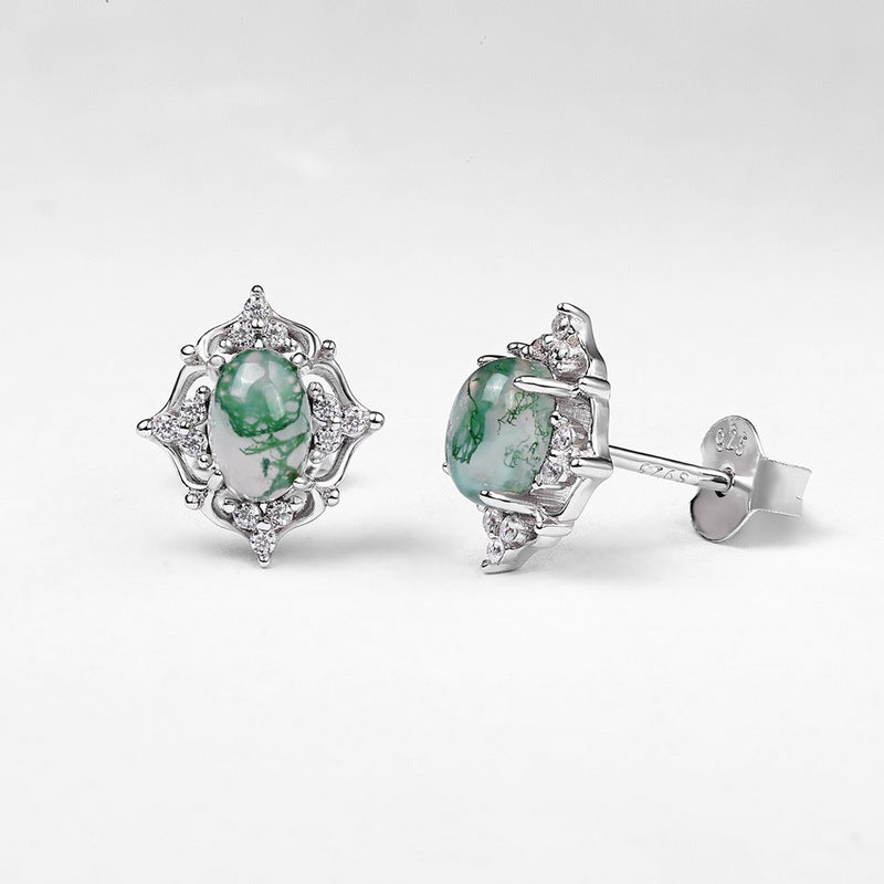 Cutout Moss Agate Stud Earrings | Gold-Plated S925 Sterling Silver