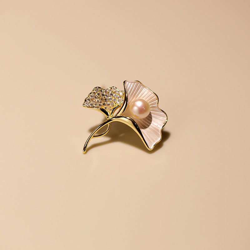 Freshwater Pearl Ginkgo Leaf Brooch