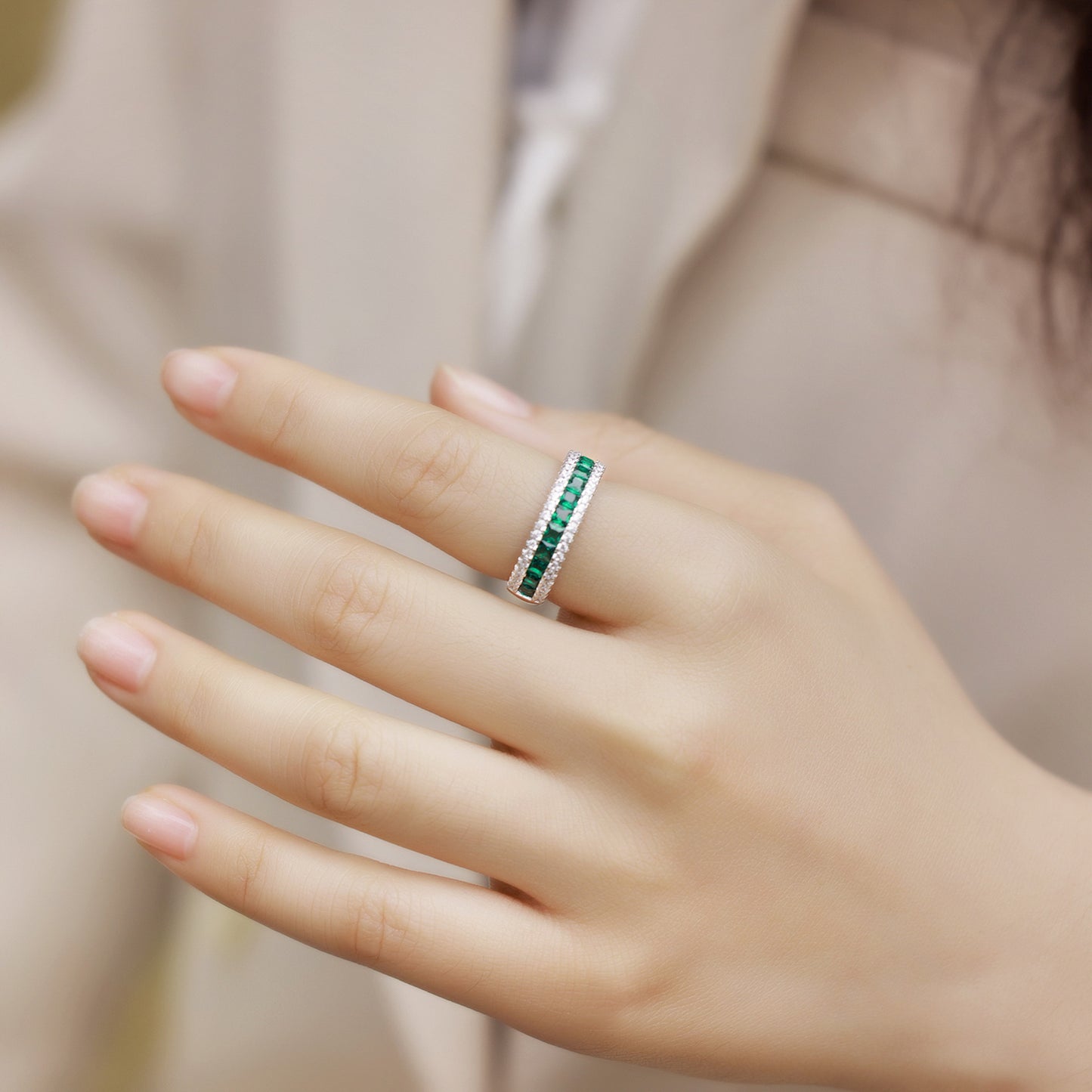 Invisible-Set Lab-Grown Emerald Ruby Sapphire Ring - S925 Sterling Silver