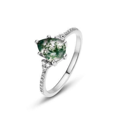 Pear-Cut Natural Moss Agate Ring - 10K Gold & S925 Sterling Silver Band