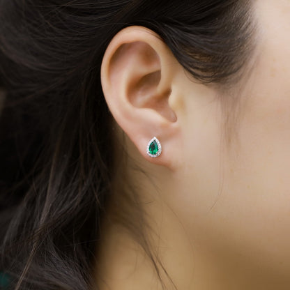 Pear-Cut Lab-Grown Emerald Stud Earrings - S925 Sterling Silver