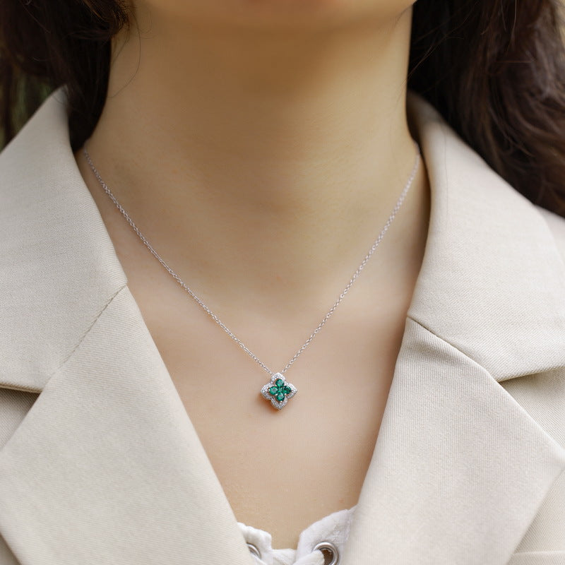 Four-Leaf Clover Lab-Grown Emerald & Ruby Necklace - S925 Sterling Silver