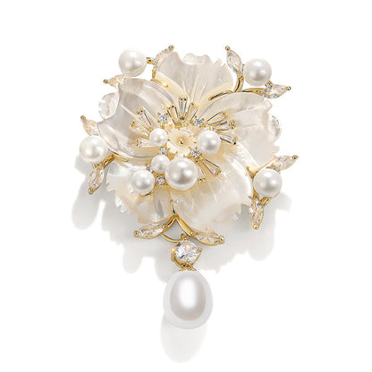 Shell Pearl Zircon Camellia Brooch