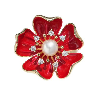Red Five-Leaf Freshwater Pearl Flower Brooch