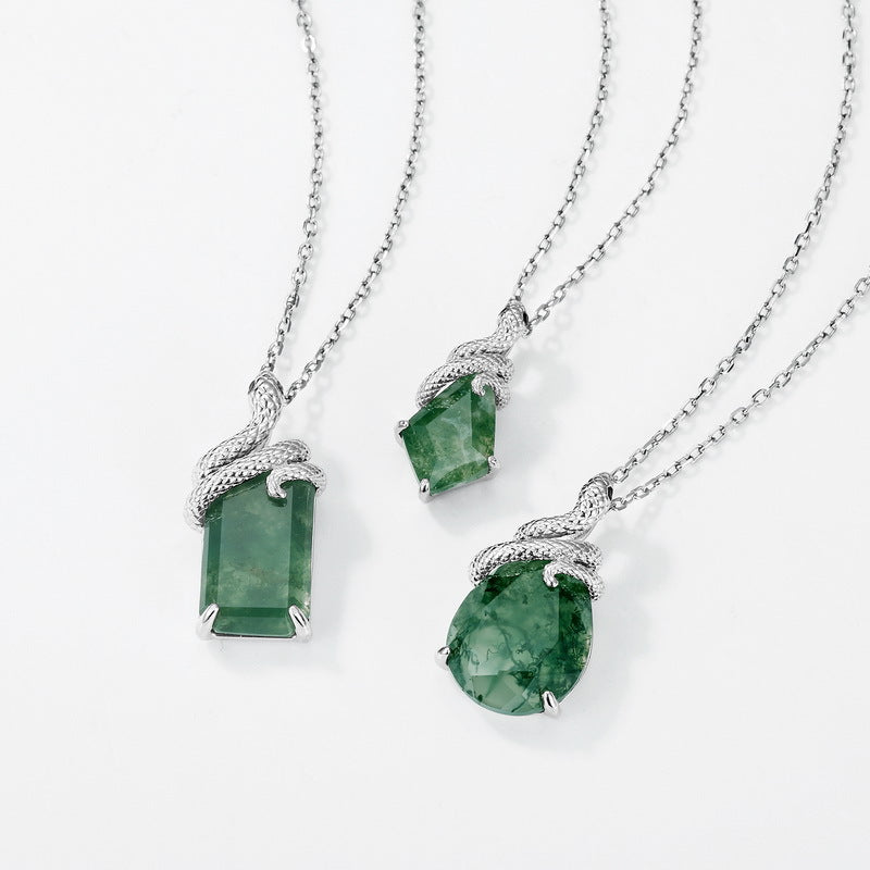 Snake Moss Agate Pendant Necklace | S925 Sterling Silver