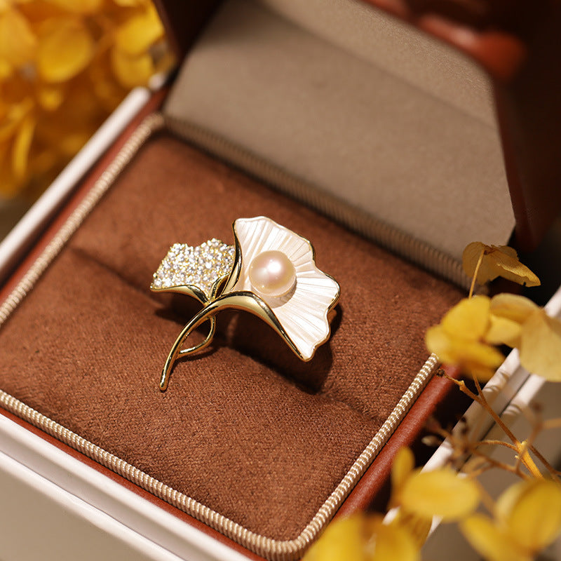 Freshwater Pearl Ginkgo Leaf Brooch