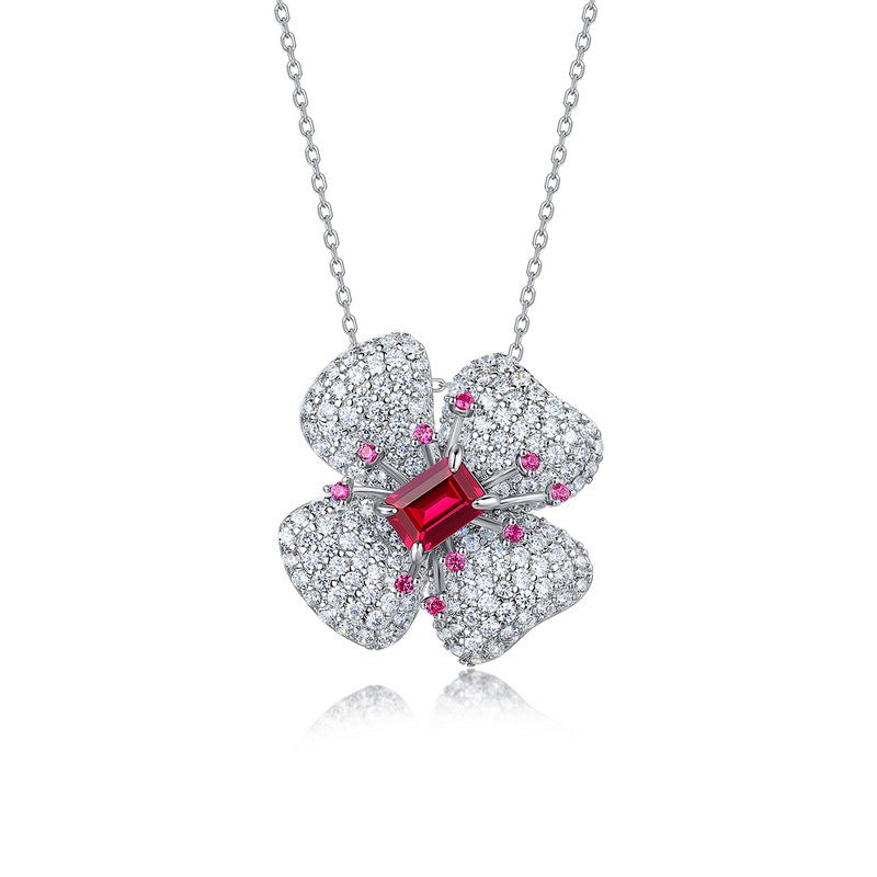 Lucky Bloom: Four-Leaf Clover Lab-Grown Ruby Pendant Necklace | 925 Silver | Dapaza