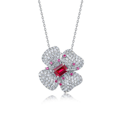 Lucky Bloom: Four-Leaf Clover Lab-Grown Ruby Pendant Necklace | 925 Silver | Dapaza