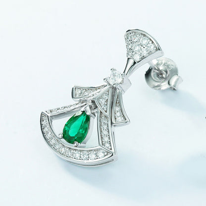 Elegant Fan-Shaped "Little Skirt" Lab-Grown Emerald Drop Earrings - 925 Sterling Silver
