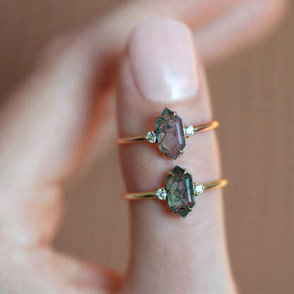 Vintage Hexagon Moss Agate 3-Stone Cluster Ring | S925 Silver