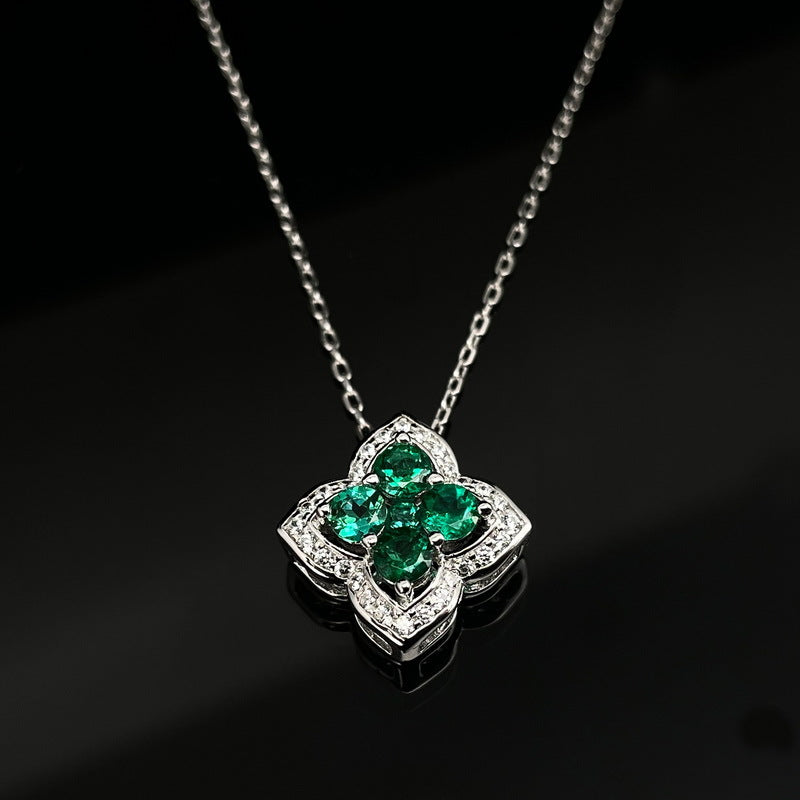 Four-Leaf Clover Lab-Grown Emerald & Ruby Necklace - S925 Sterling Silver
