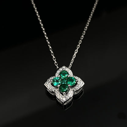 Four-Leaf Clover Lab-Grown Emerald & Ruby Necklace - S925 Sterling Silver