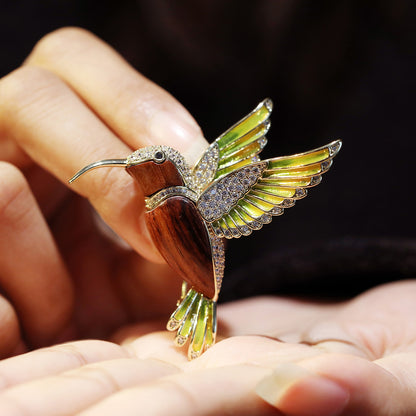 Khaki Nature Enamel Log Hummingbird Brooch Pendant Dual-purpose Corsage Clothing Accessories