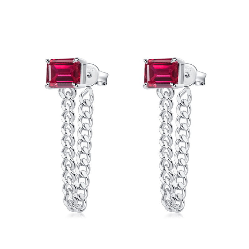 Geometric Emerald-Cut Lab-Grown Emerald Chain Link Earrings - 925 Sterling Silver