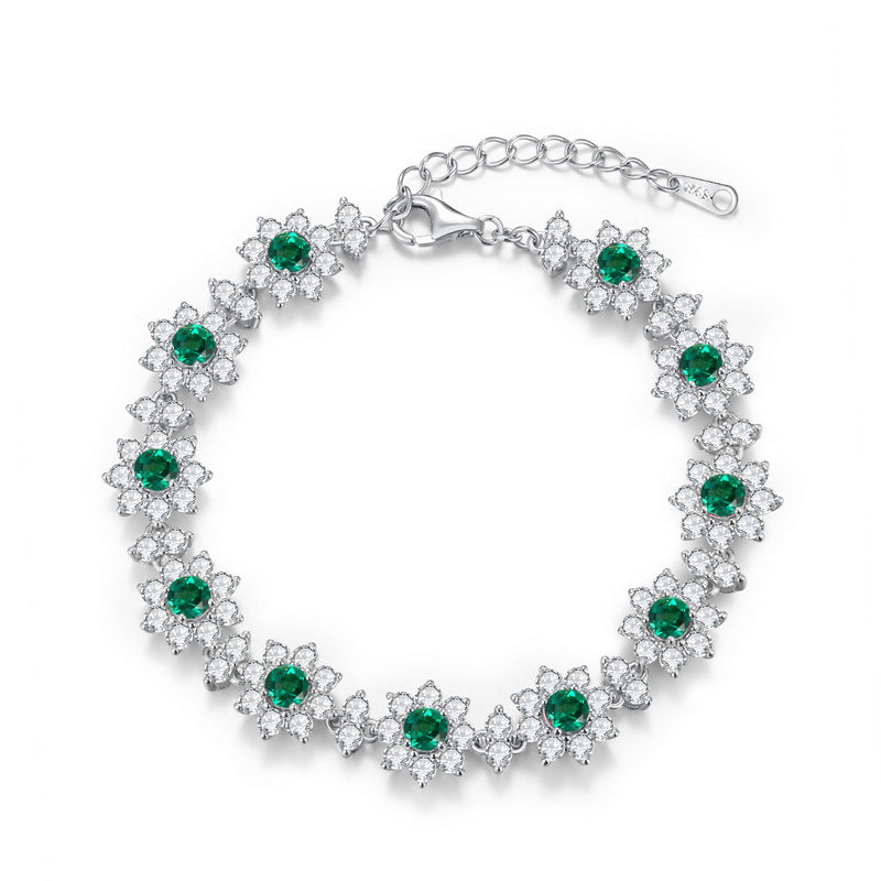 Lab-Grown Emerald Sunflower Bracelet - S925 Sterling Silver Floral Jewelry