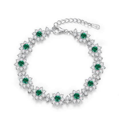 Lab-Grown Emerald Sunflower Bracelet - S925 Sterling Silver Floral Jewelry