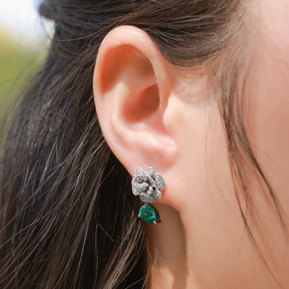 Camellia Blanc: Lab-Grown Emerald Camellia Flower Stud Earrings | 925 Silver | Dapaza