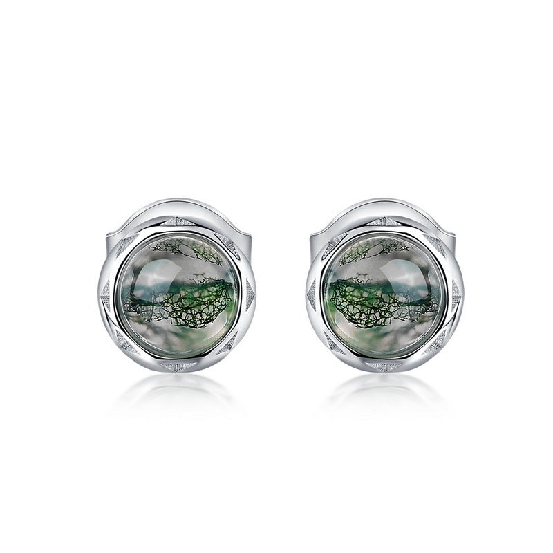 Minimalist Moss Agate Stud Earrings | 9K Gold-Plated S925 Silver